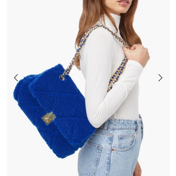 NWT JustFab - Blue/Gold Quilted Sherpa Bag - Picture 1 of 6